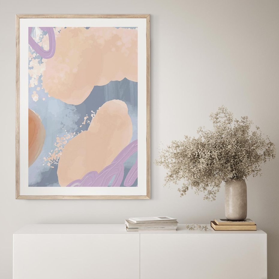 Plakat w ramie 30x40 - Przenikanie Niecodziennych Form - abstrakcyjne akwarelowe plamy, pastele - rama drewno