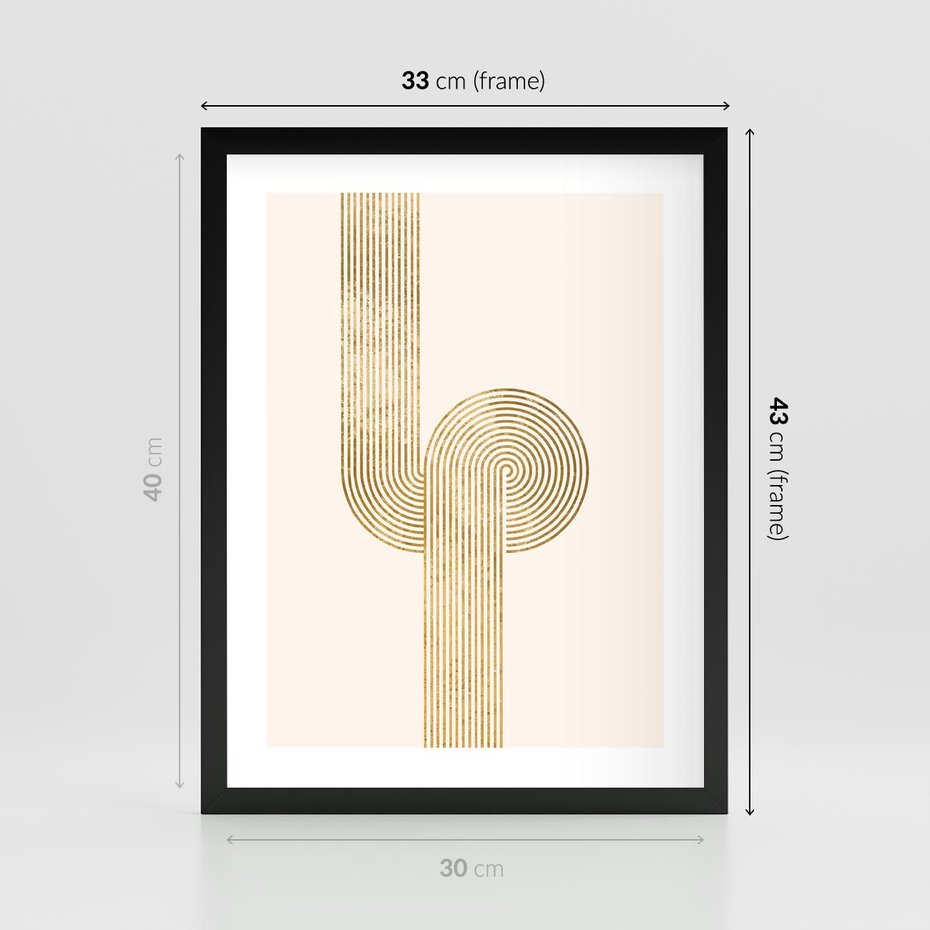 Plakat w ramie 30x40 - Podróżne Kształty - geometryczne linie w złotym kolorze, minimalizm - rama czarna