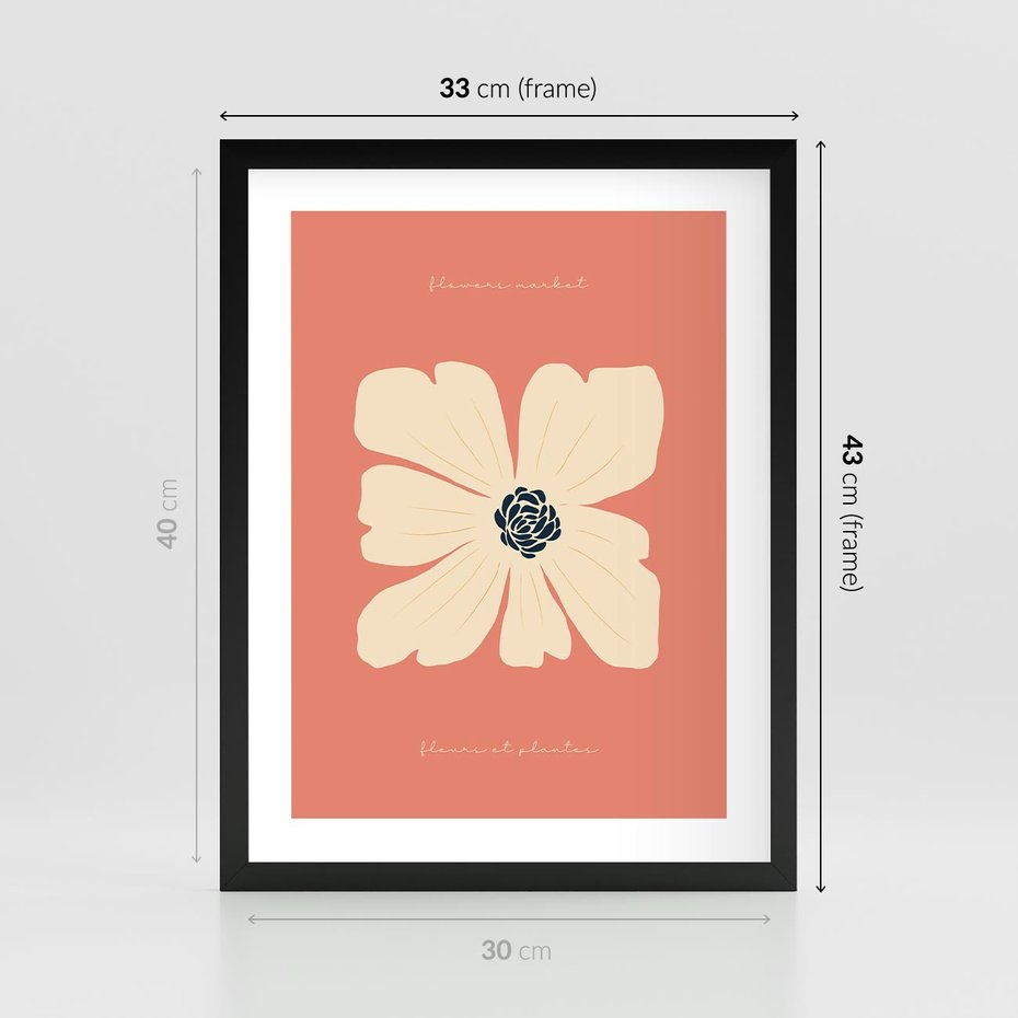 Plakat w ramie 30x40 - Malowane Kolorowe Echa - minimalistyczna grafika, biały kwiat na różowym tle - rama czarna