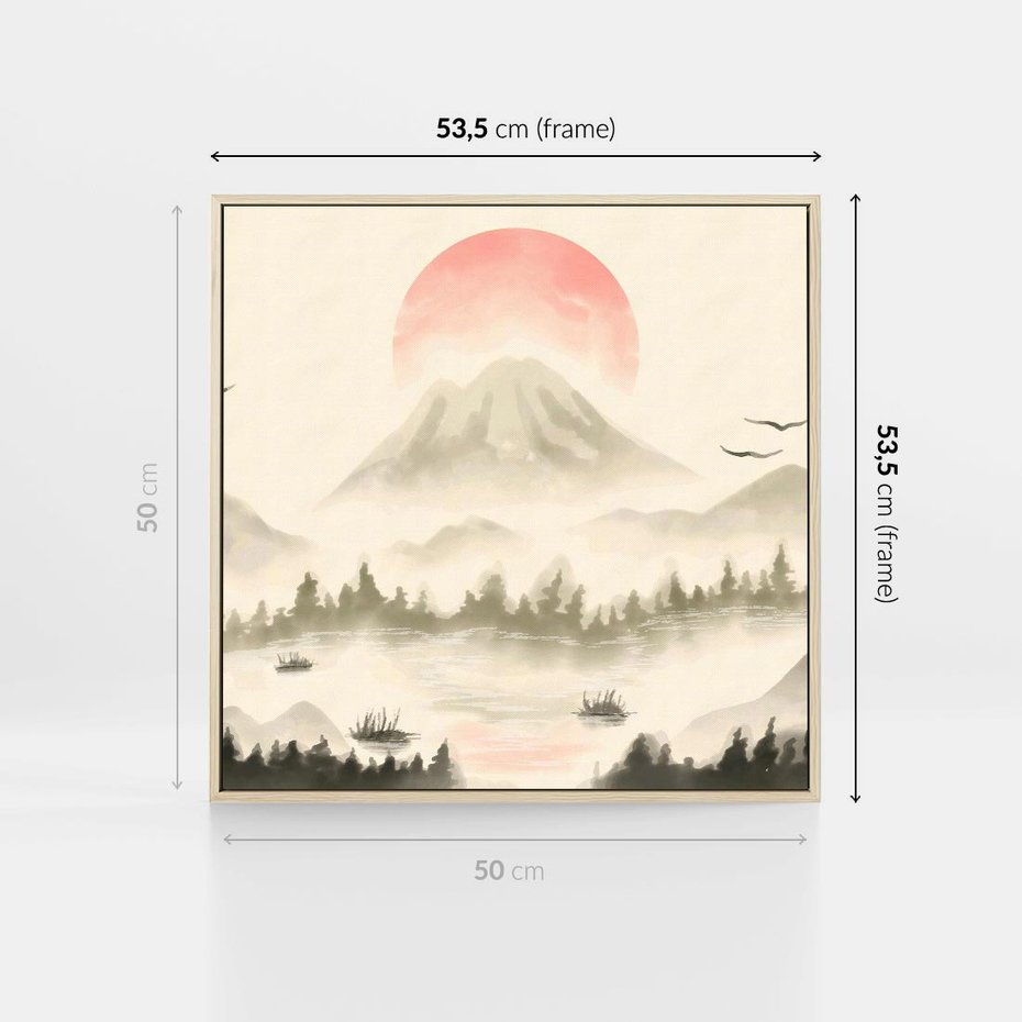 Obraz w ramie 50x50 - Przyroda Japonii - japońska akwarela, góry - rama drewno