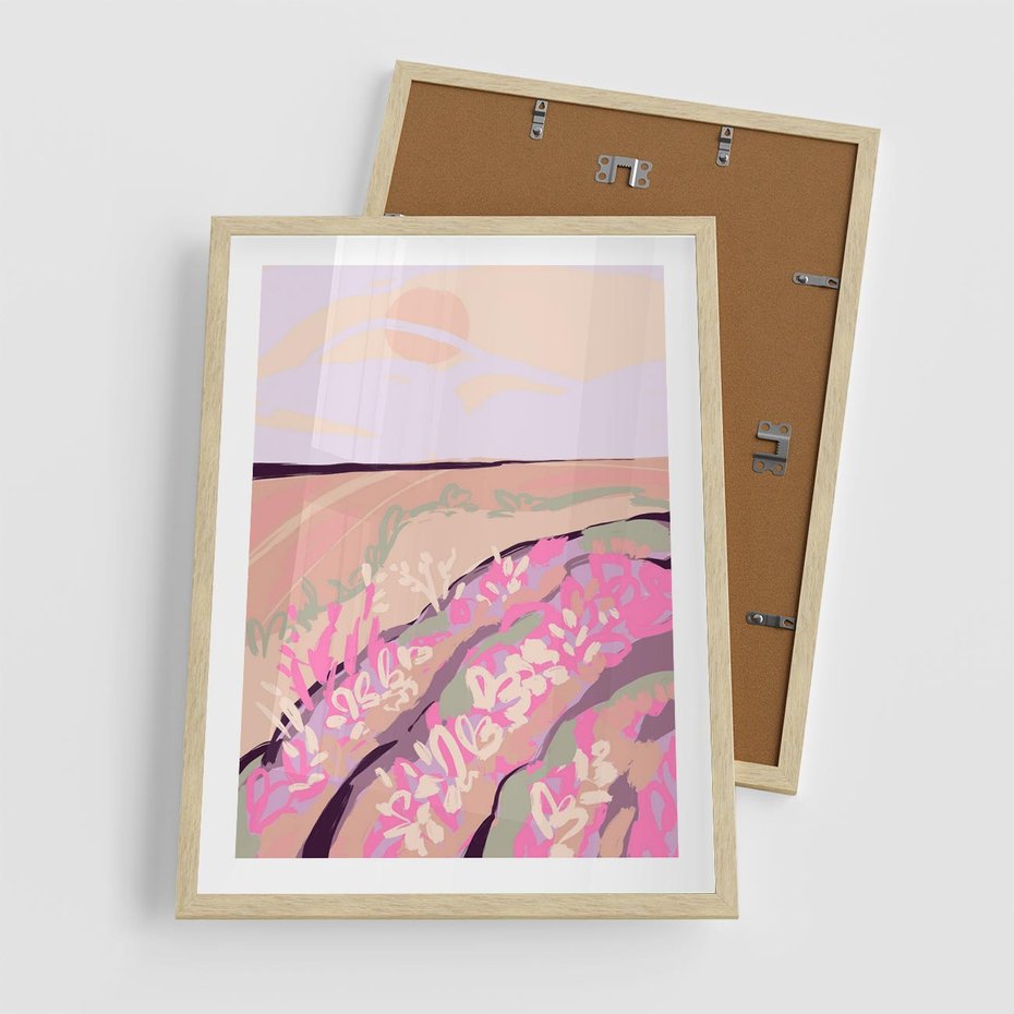 Plakat w ramie 50x70 - Harmonijny Świt - pastelowy krajobraz, nowoczesny plakat - rama drewno