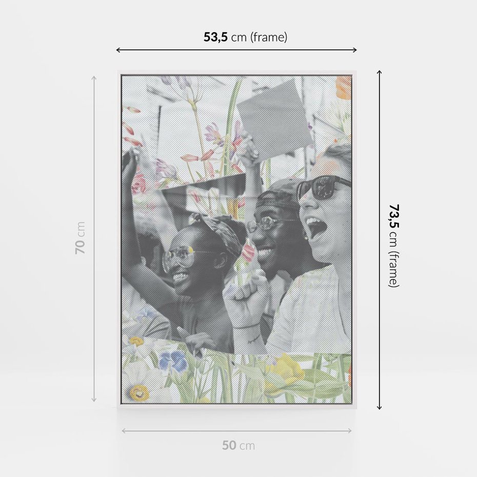 Obraz w ramie 50x70 - Księga zaklętych marzeń - kolaż, czarnobiałe zdjęcie wesołych młodych ludzi - rama biała