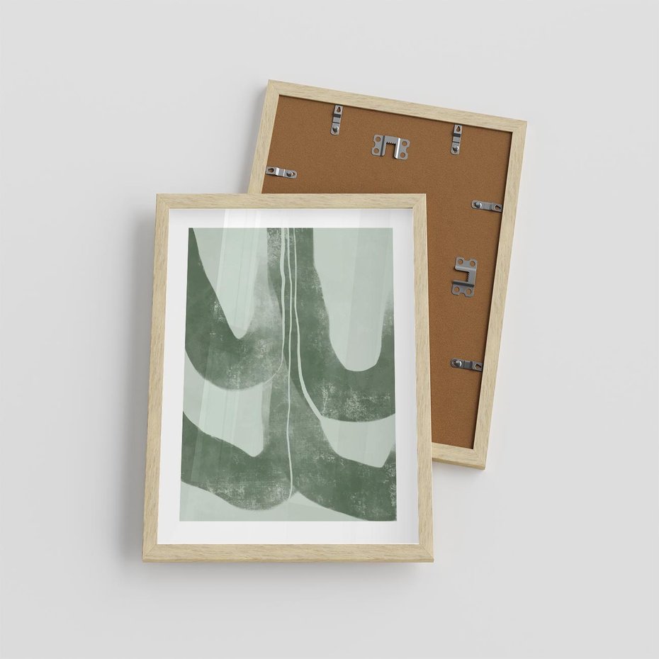 Plakat w ramie 30x40 - Nurtująca Kompozycja Zieleni - abstrakcyjne delikatne zielone linie, podobne do gałęzi kwiatów - rama drewno