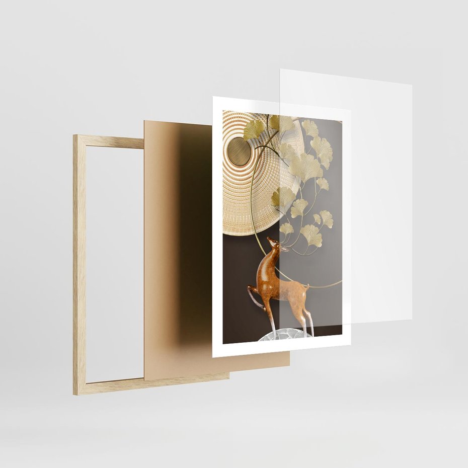 Plakat w ramie 50x70 - Elegancja i Tradycja - złote, liście - rama drewno