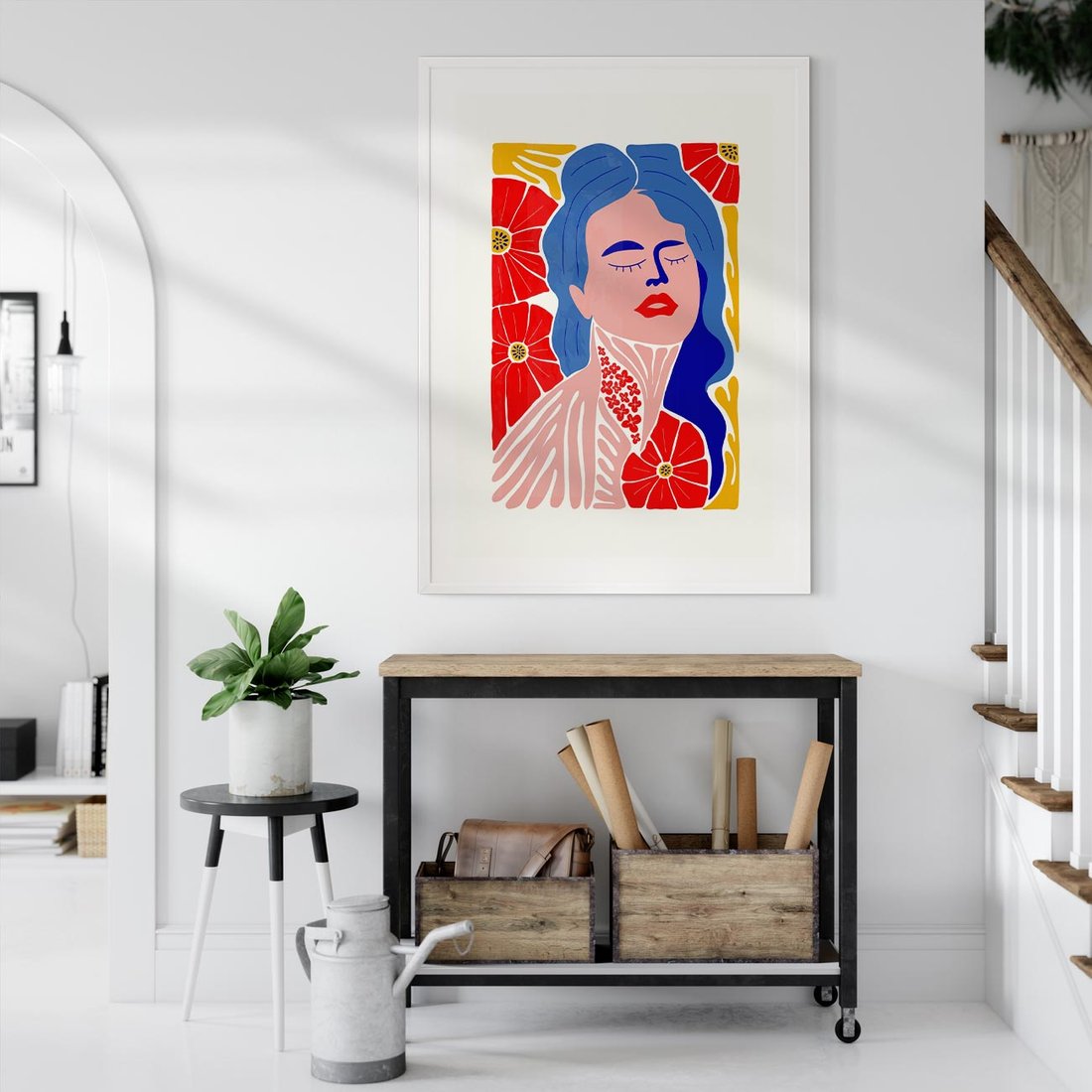 Plakat w ramie 30x40 - Nowoczesna Twarz - nowoczesna grafika, kolorowa twarz kobiety - rama biała