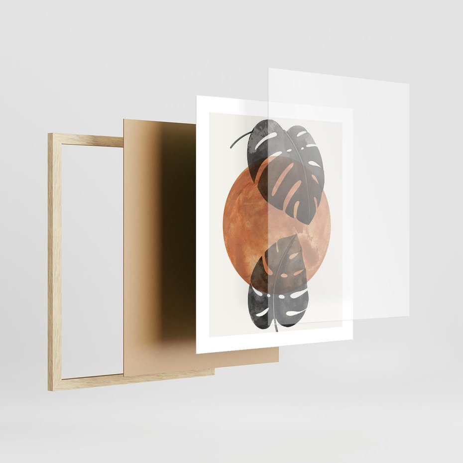 Plakat w ramie 40x50 - Elegancja w Detalach: Miedziane Koło z Monsterą - grafika, miedziane koło - rama drewno