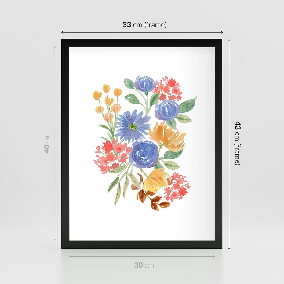 Plakat w ramie 30x40 - Kwiatowe Światło - akwarelowe kwiaty, bukiet - rama czarna
