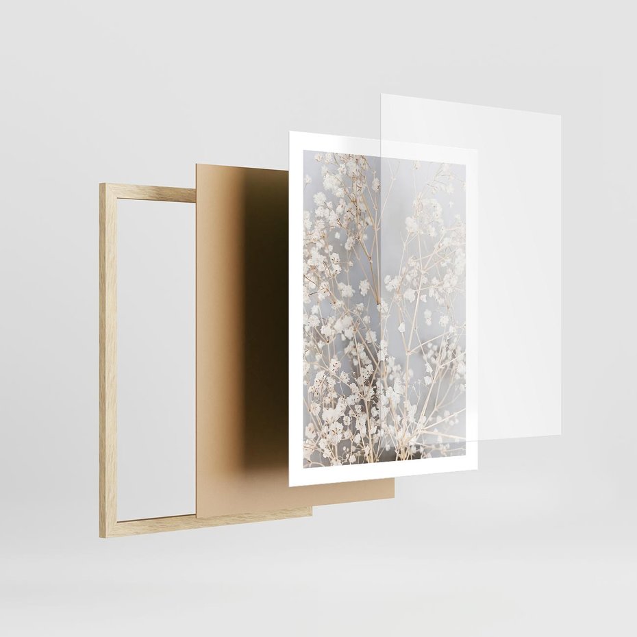 Plakat w ramie 50x70 - Białe Drobne Kwiaty - gipsówka, białe drobne kwiatki - rama drewno