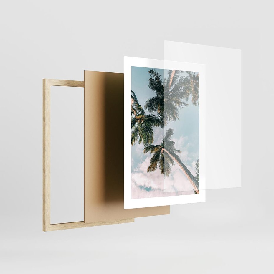 Plakat w ramie 30x40 - Wzrok ku Niebu - palmy na tle nieba, ujęcie z dołu - rama drewno