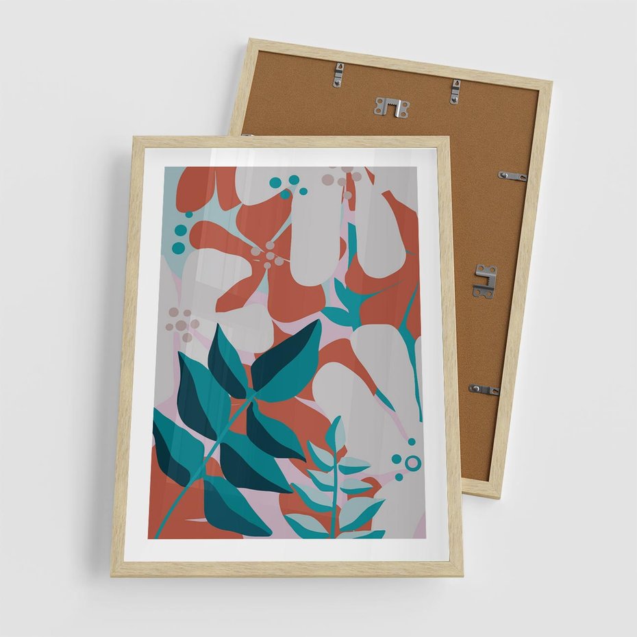 Plakat w ramie 50x70 - Harmonijne Formy - abstrakcyjna kompozycja kwiatowych form, kolor zgaszone - rama drewno