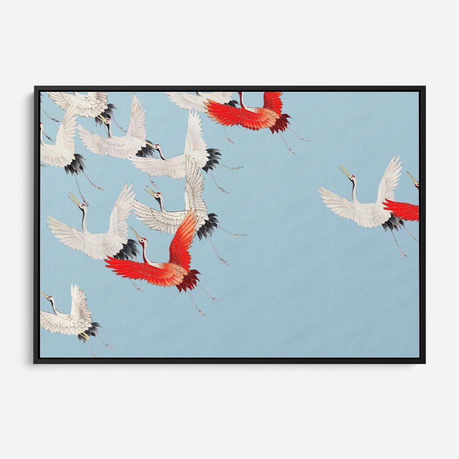 Obraz w ramie 100x70 - Eteryczne Żurawie - lecące żurawie, orientalna sztuka - rama czarna