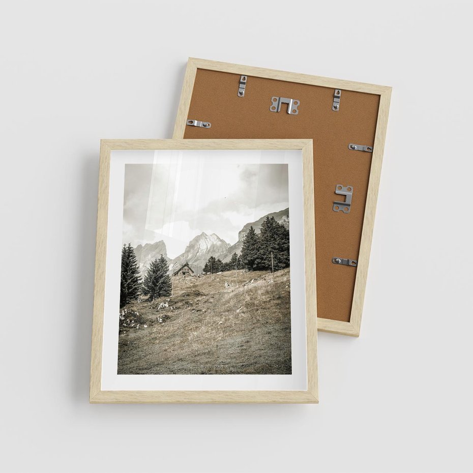 Plakat w ramie 40x50 - Krajobraz Sepii: Domek w Górach - domek w górach, góry - rama drewno