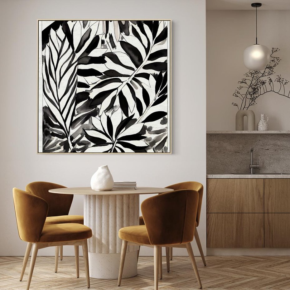 Obraz w ramie 50x50 - Czarne Liście - akwarelowy obraz, czarno biały - rama drewno