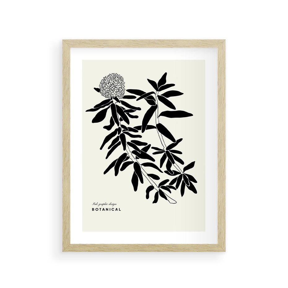 Plakat w ramie 30x40 - Szept kwiatowej wyobraźni - czarno biała grafika, roślinność - rama drewno
