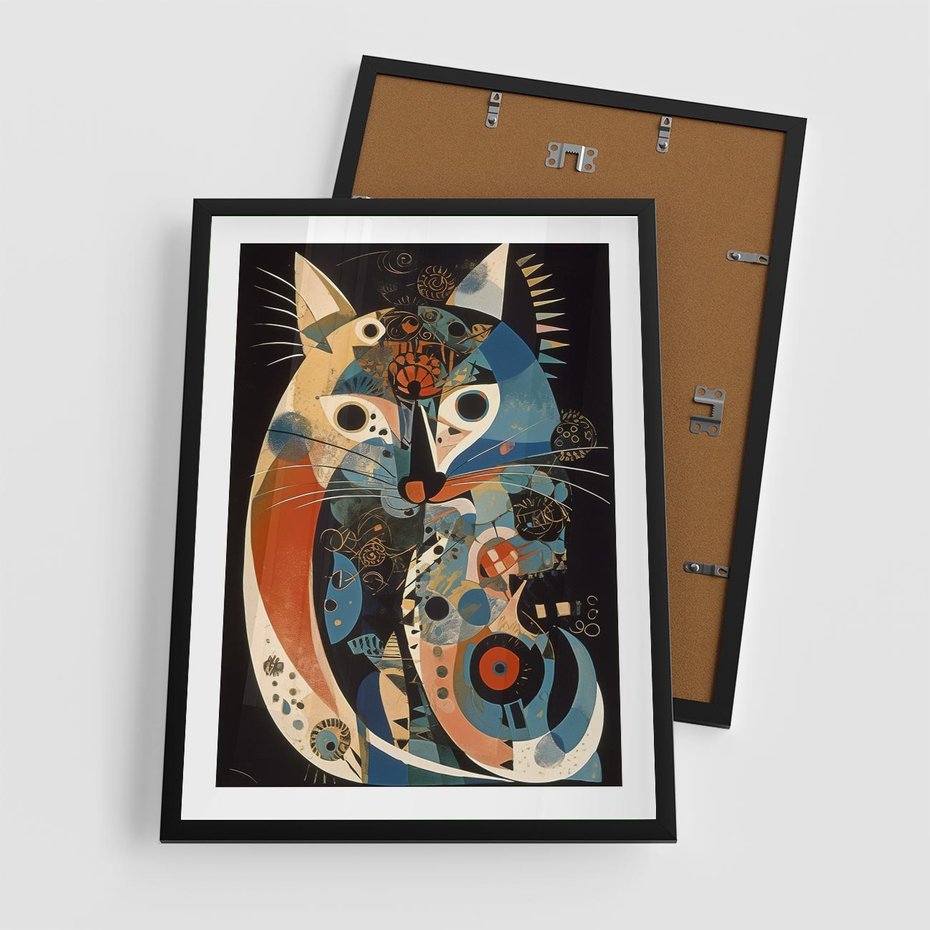 Plakat w ramie 50x70 - Księga Surrealnych Wymiarów - abstrakcyjny obraz olejny, kot - rama czarna