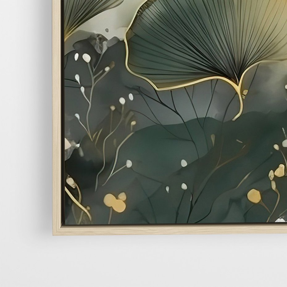 Obraz w ramie 50x70 - Natura w Złotym Odcieniu - złote elementy, liście miłorzębu japońskiego - rama drewno