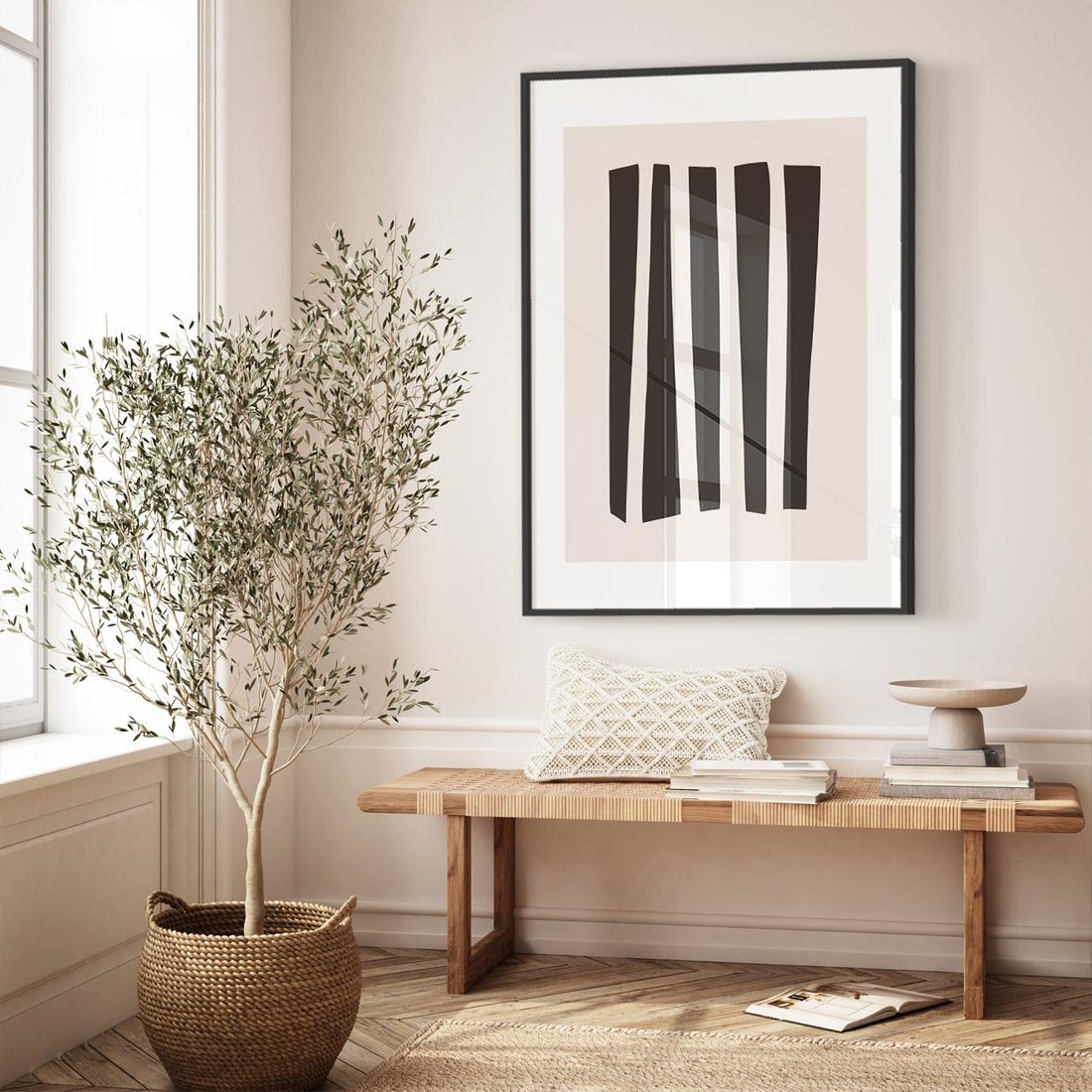 Plakat w ramie 50x70 - Migotliwa Transformacja Form - minimalizm, czarne pasy - rama czarna