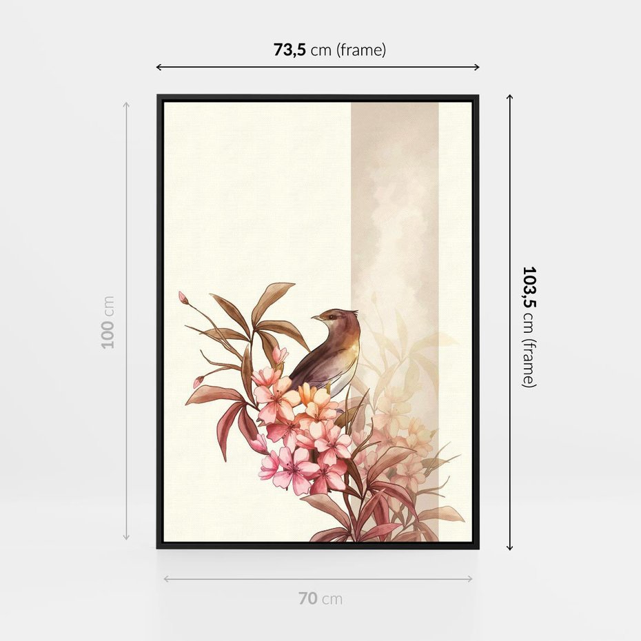 Obraz w ramie 70x100 - Kwiatowe Zanurzenie - japońska sztuka, ptak - rama czarna
