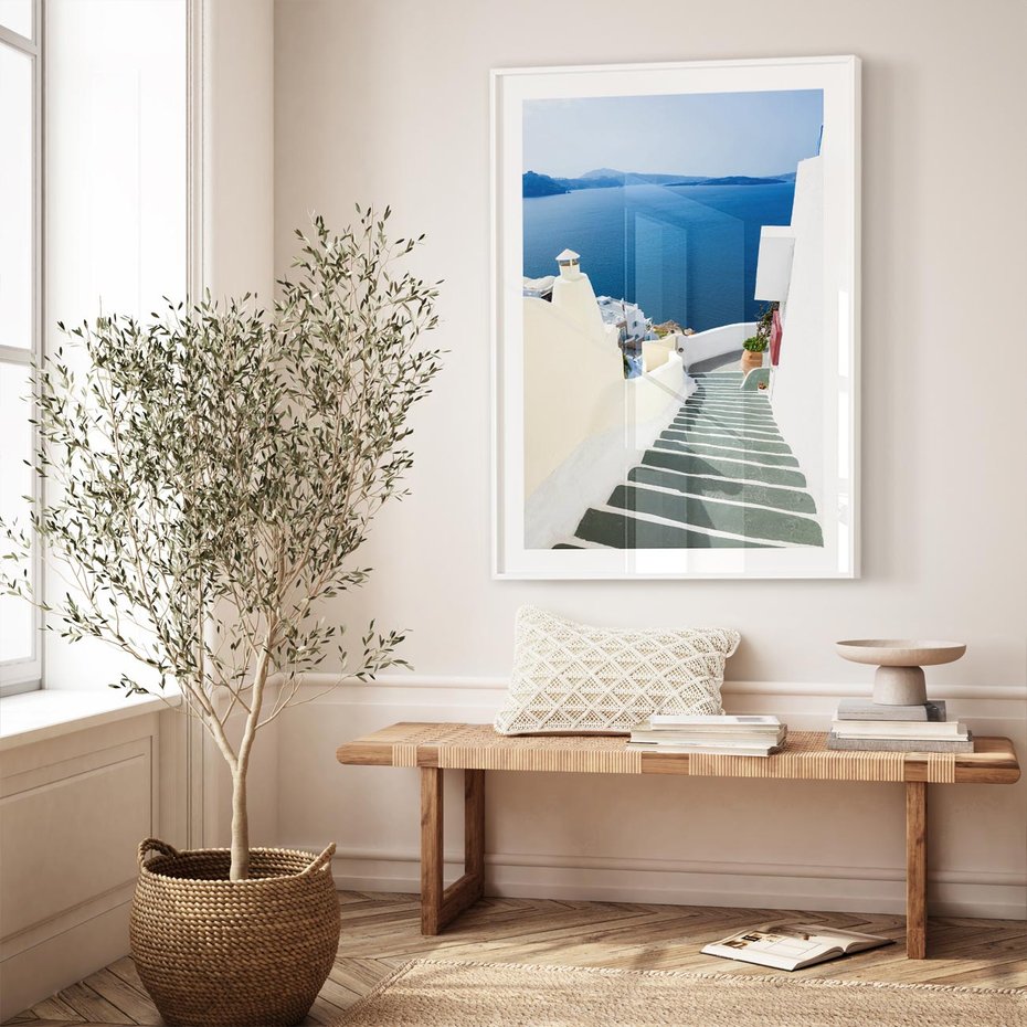 Plakat bez ramy 21x30 - Malowniczy urok wyspy - Santorini, schodki