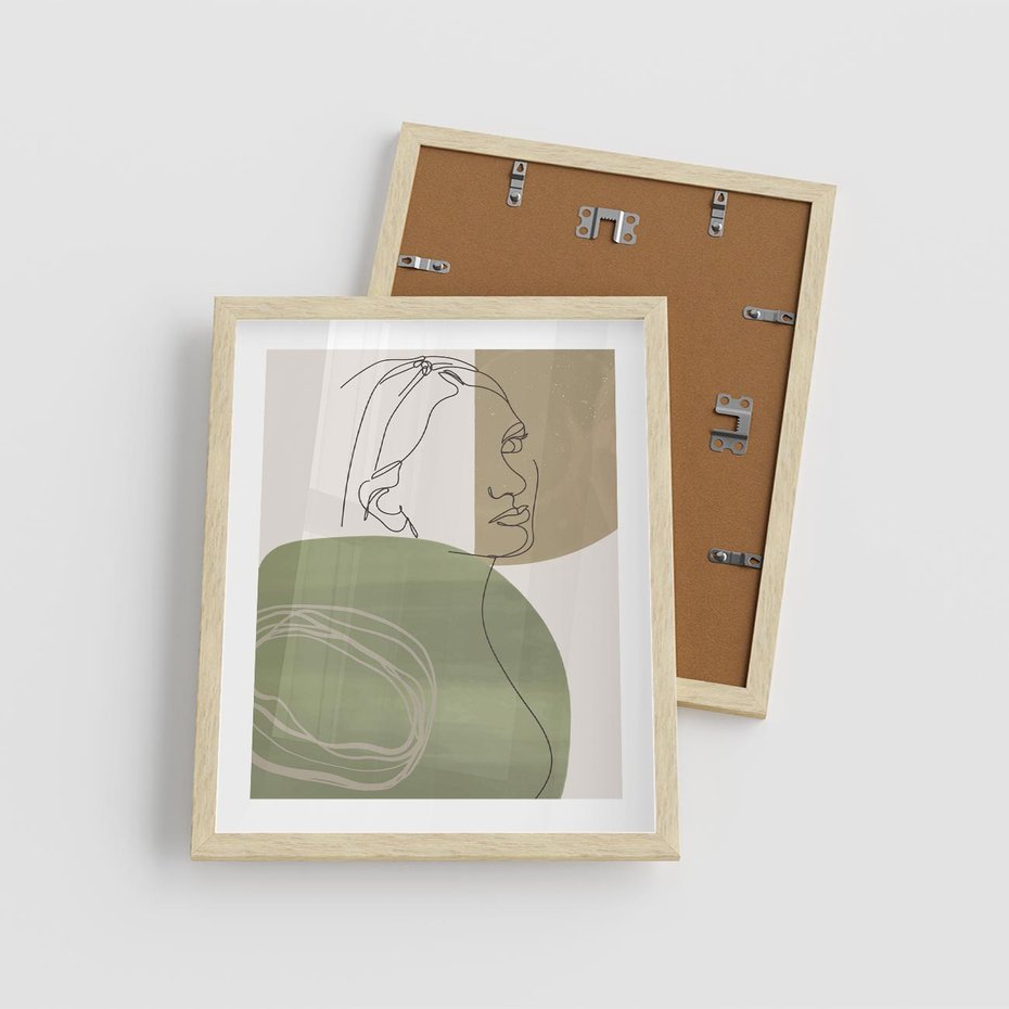 Plakat w ramie 40x50 - Jedna Linia, Wiele Emocji - akwarelowe plamy, na nich szkic postaci kobiety jedną linią - rama drewno