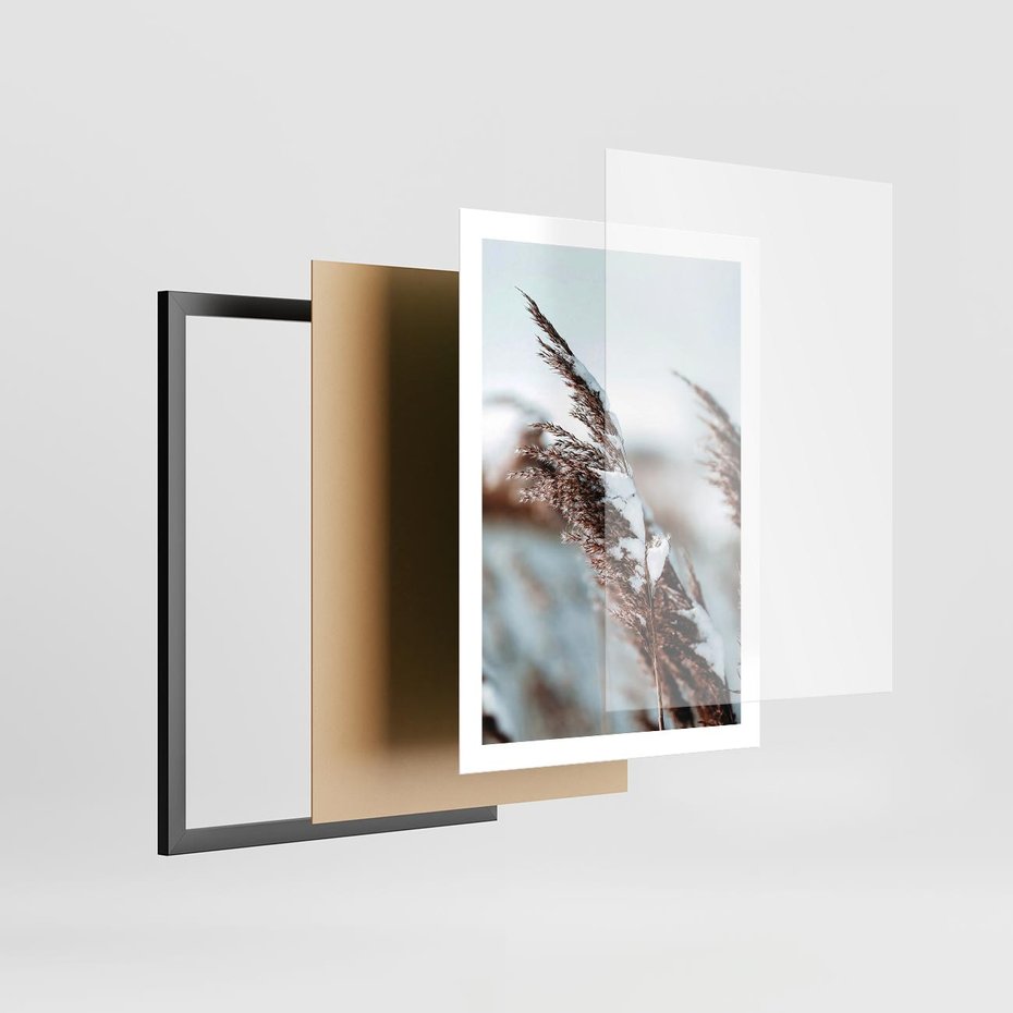 Plakat w ramie 50x70 - Zima na Suchych Trawach - suche trawy, śnieg wysokich na trawach - rama czarna