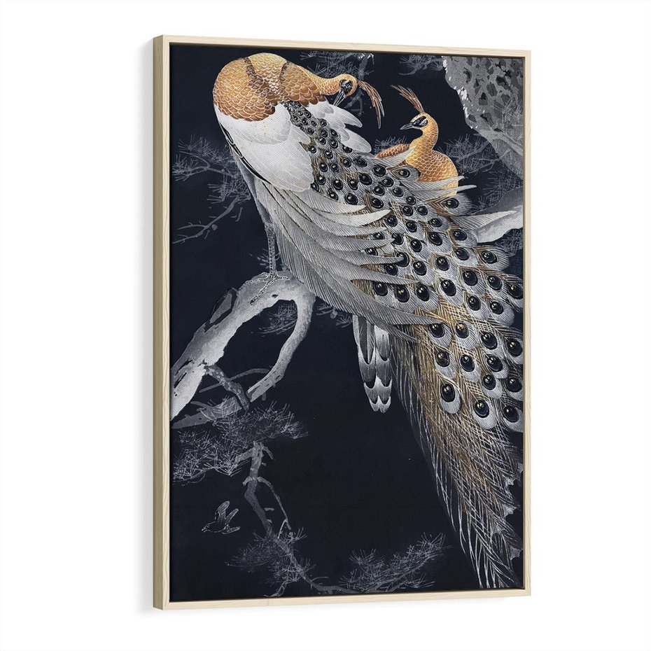 Obraz w ramie 70x100 - Japońskie Pawie - japońska grafika, pawie - rama drewno