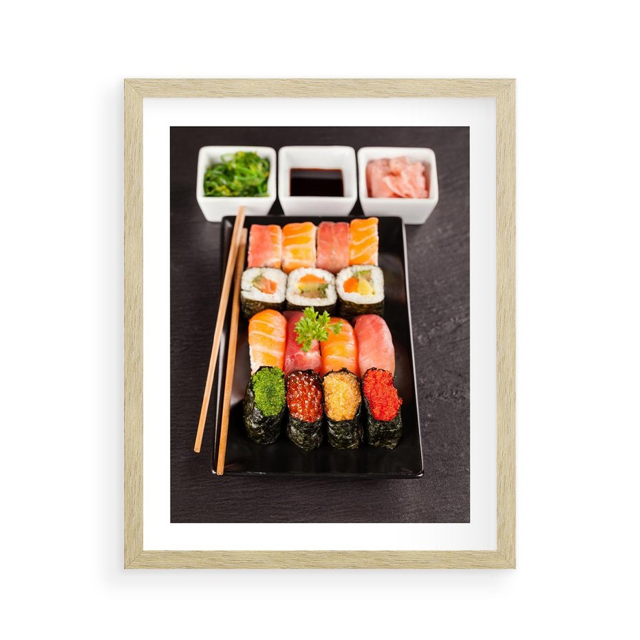 Plakat w ramie 40x50 - Kulinarne podróże do Japonii - sushi, japonia - rama drewno