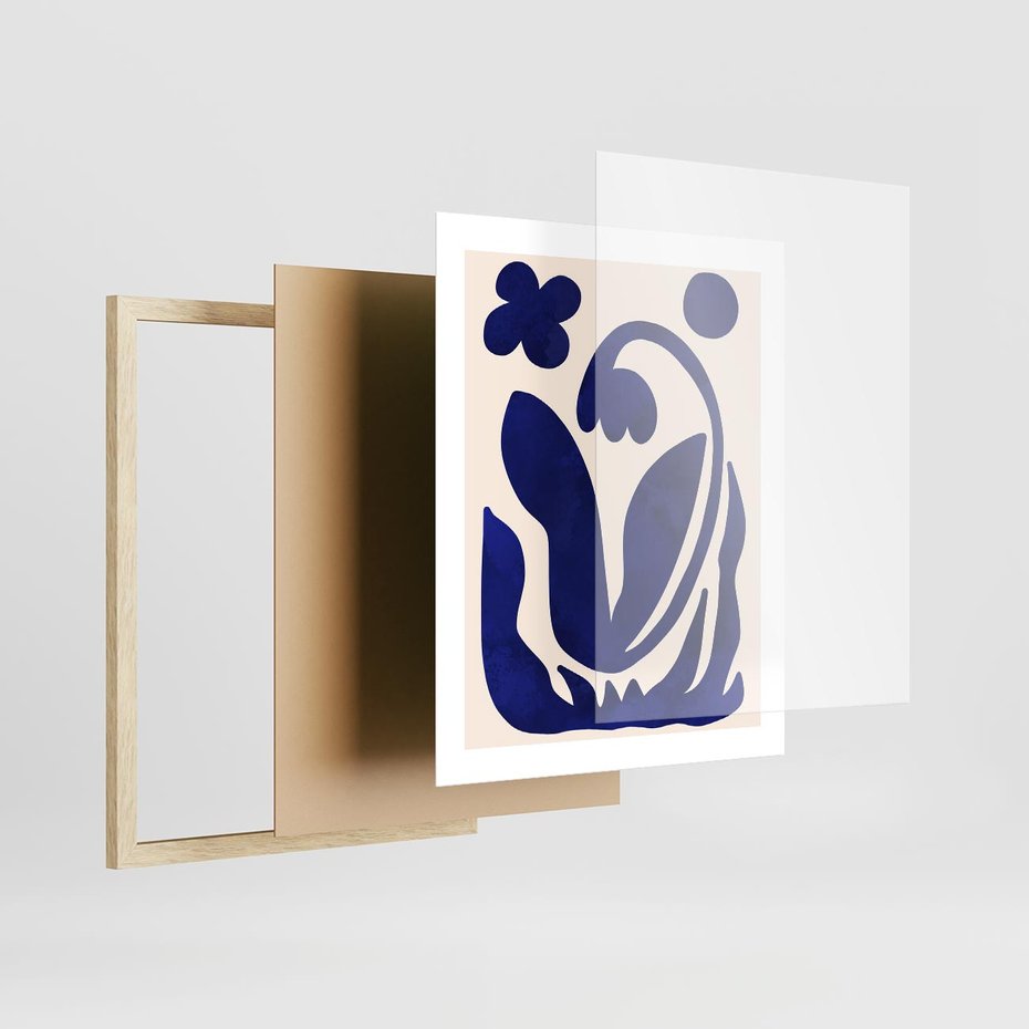 Plakat w ramie 40x50 - Bezgraniczne Echa Serca - abstrakcyjny obraz plakat, dziwne niebieskie kształty przypominają kwiat - rama drewno
