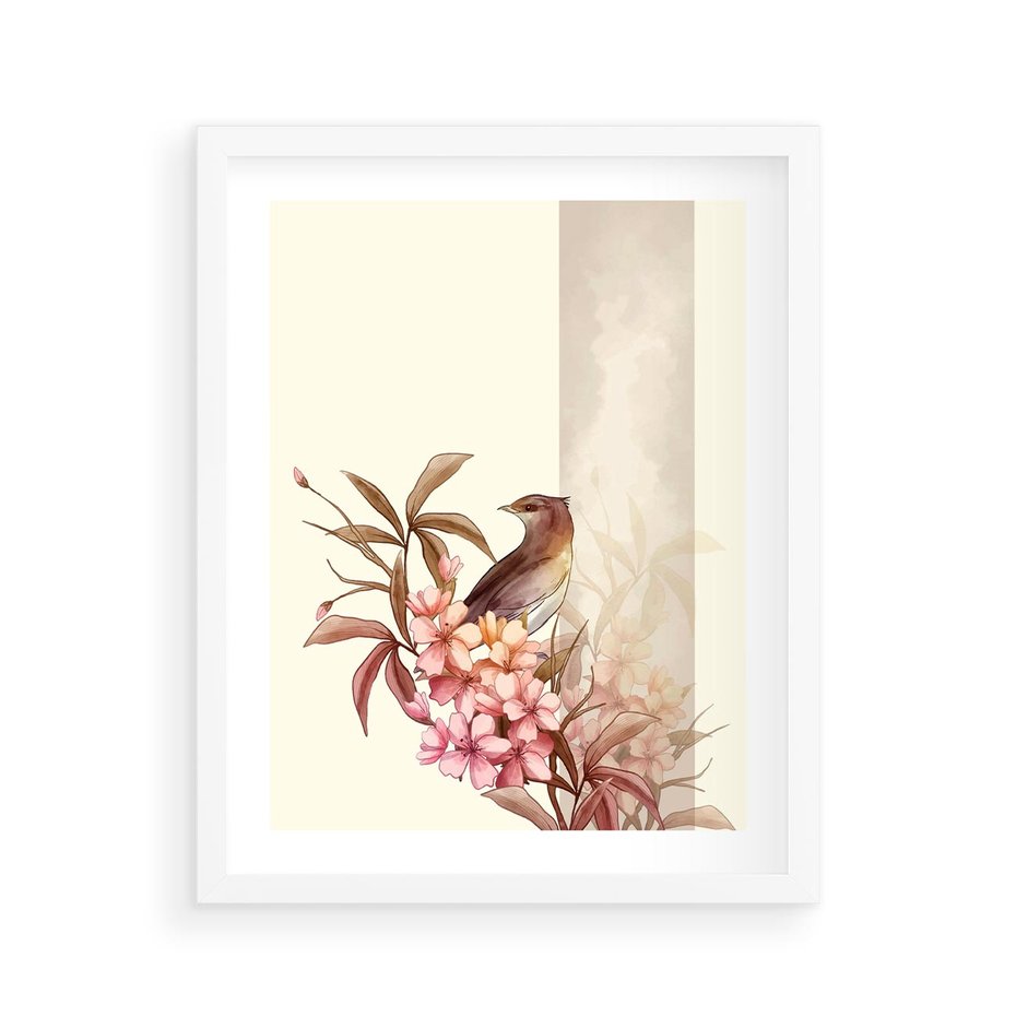 Plakat w ramie 40x50 - Kwiatowe Zanurzenie - japońska sztuka, ptak - rama biała