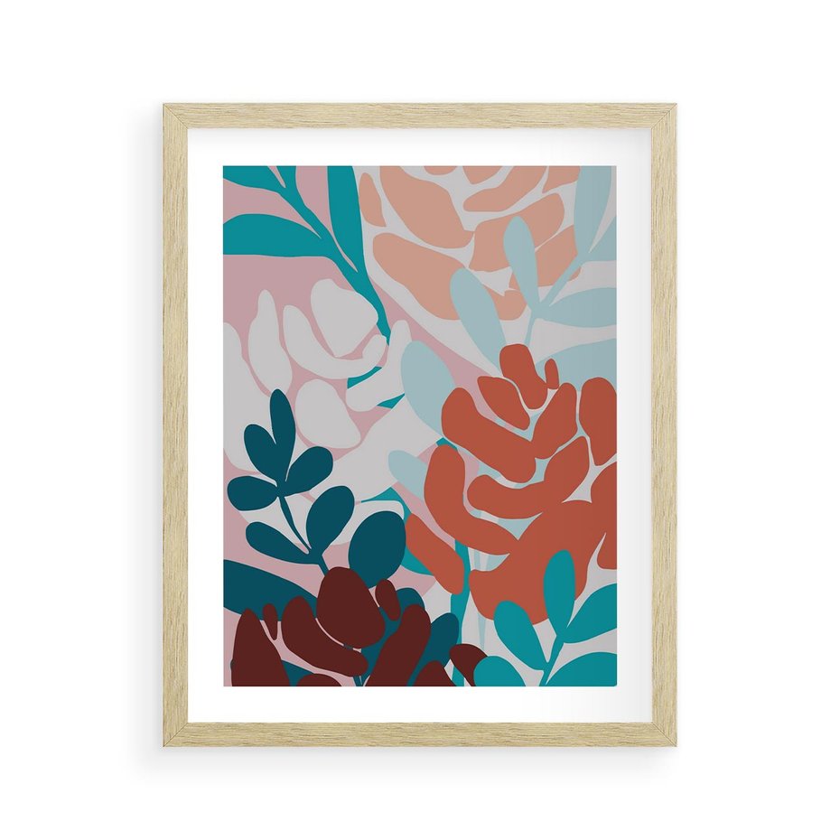 Plakat w ramie 40x50 - Impresje Kształtów - abstrakcyjna kompozycja kwiatowych form, kolor zgaszone - rama drewno