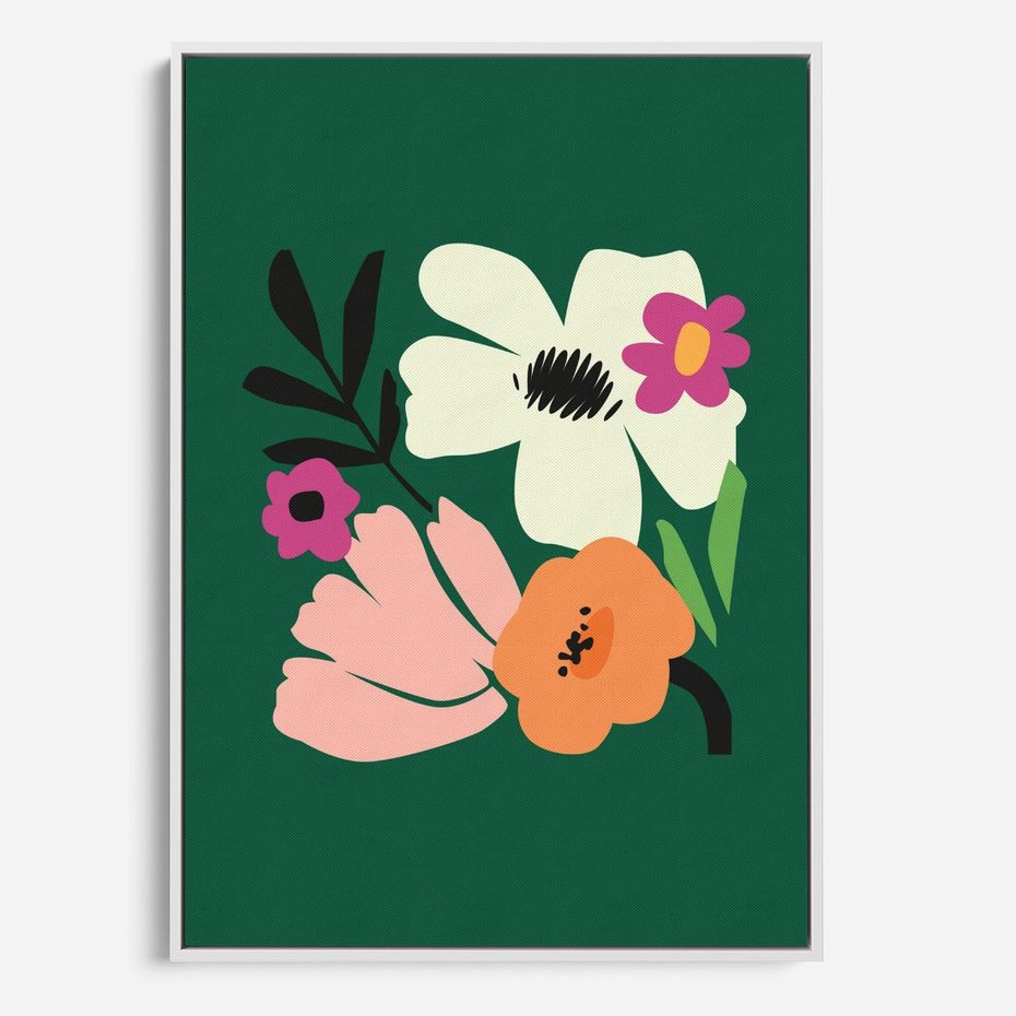 Obraz w ramie 80x120 - Rozbijające Echa - abstrakcyjne kwiaty, zielone tło - rama biała