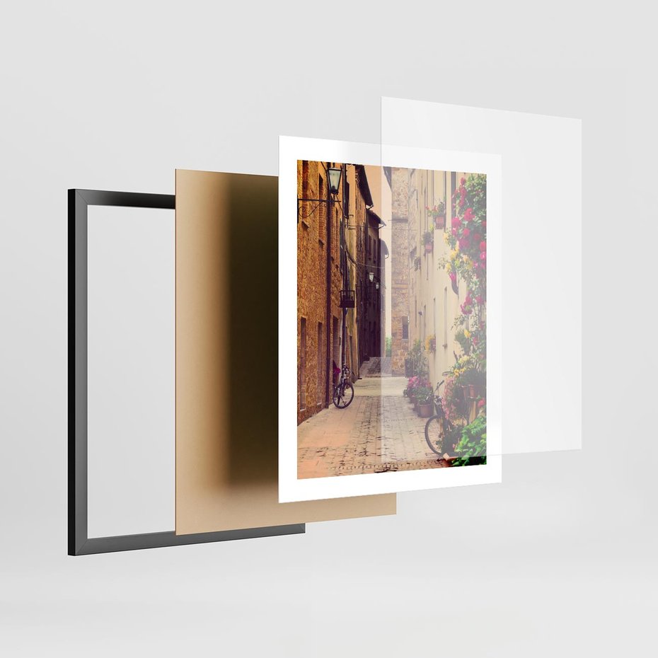 Plakat w ramie 40x50 - Rowerowa przygoda w uliczkach pełnych perspektywy - uliczka, perspektywa - rama czarna