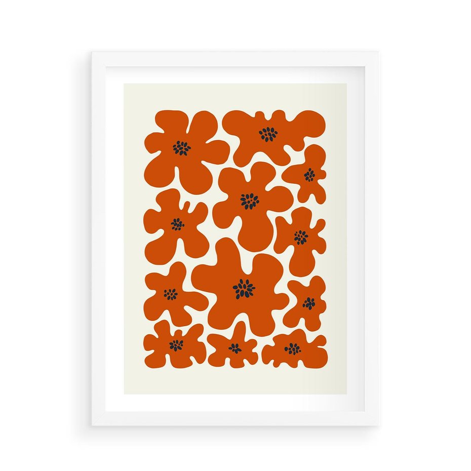 Plakat w ramie 50x70 - Wibracje Przestrzeni - abstrakcyjne czerwone kwiaty, kompozycja - rama biała