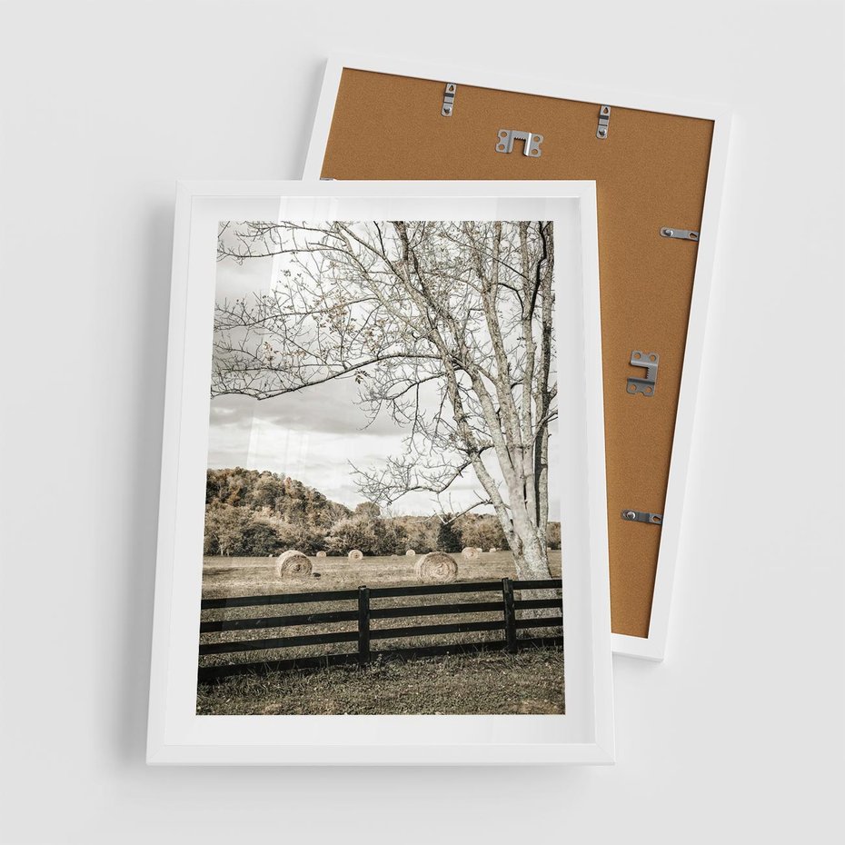 Plakat w ramie 50x70 - Drzewa i Snopki Siana - farma, drzewa - rama biała