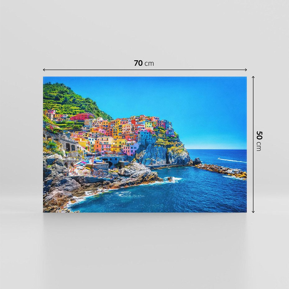 Obraz na płótnie 70x50 - Barwne Wybrzeże - nadmorskie miasto na klifie, kolorowe tęczowe budynki