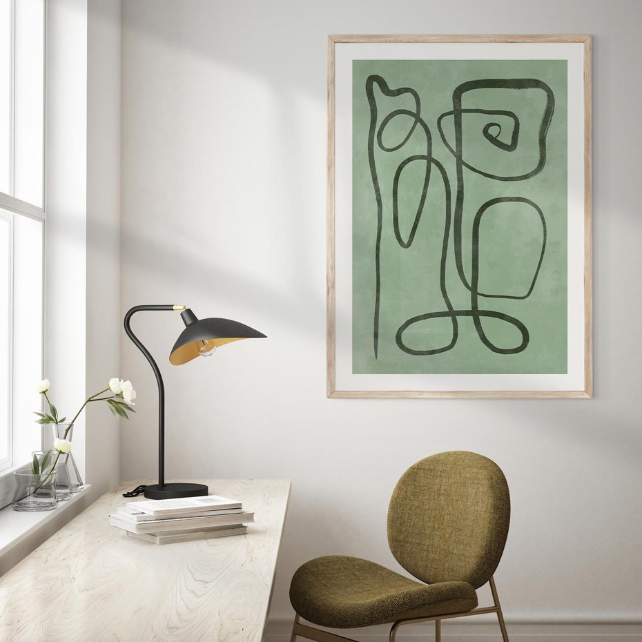 Plakat w ramie 30x40 - Zielone Wariacje w Liniach - abstrakcyjne zielone linie, skandynawski design - rama drewno