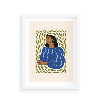 Plakat w ramie 50x70 - Rozbite Barwy - nowoczesny plakat, kobieta otoczona liśćmi - rama biała