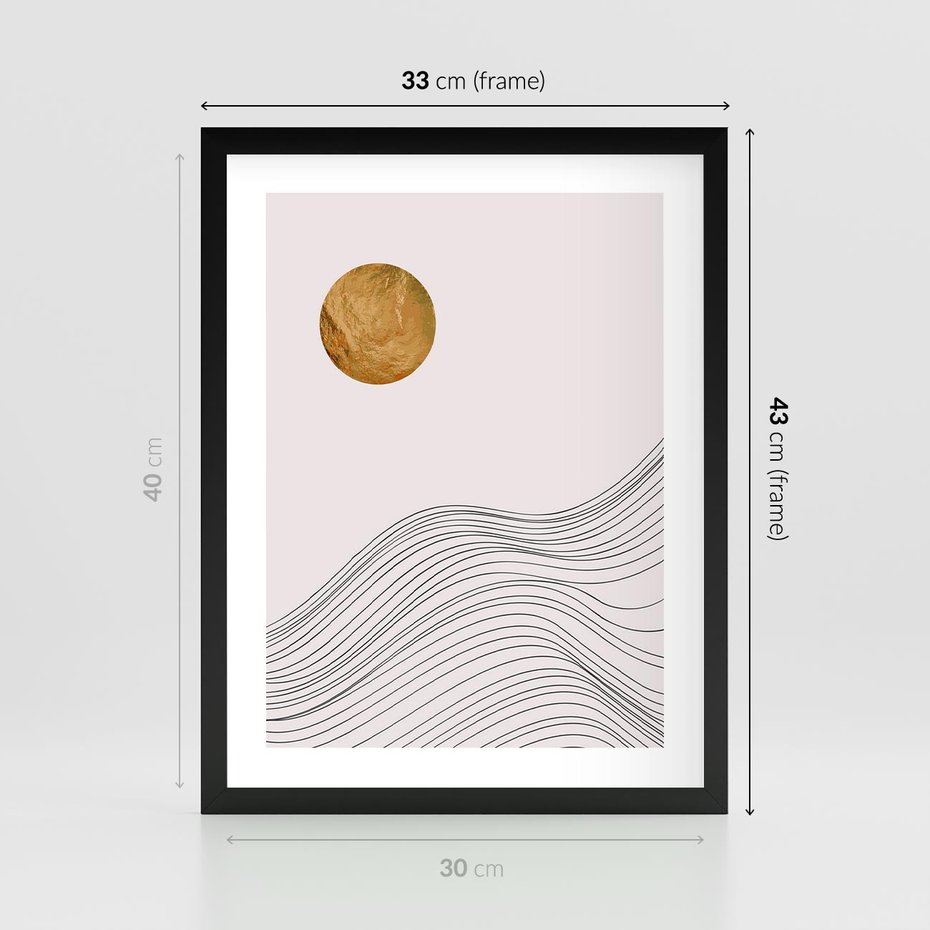 Plakat w ramie 30x40 - Minimalistyczne Słońce: Blask i Złoto - grafika, minimalizm - rama czarna