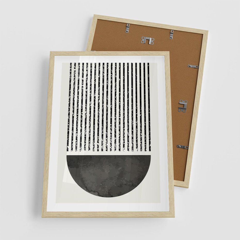 Plakat w ramie 50x70 - Taniec Impulsów - abstrakcyjne czarno białe formy, minimalizm - rama drewno