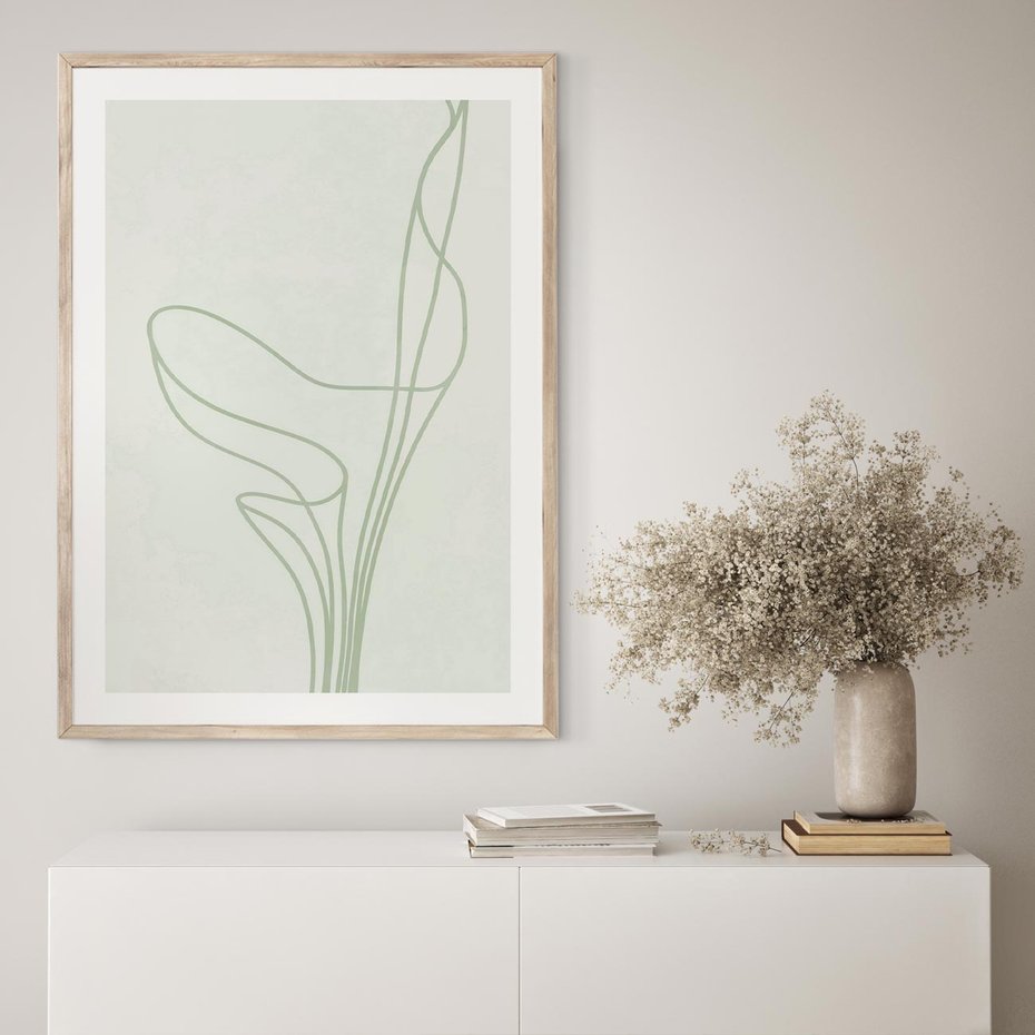 Plakat w ramie 30x40 - Zielona Równowaga Linii - abstrakcyjne delikatne zielone linie, nowoczesny plakat - rama drewno