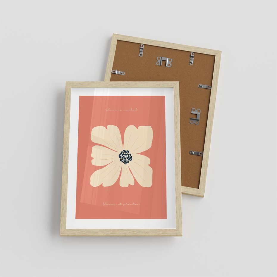 Plakat w ramie 30x40 - Malowane Kolorowe Echa - minimalistyczna grafika, biały kwiat na różowym tle - rama drewno