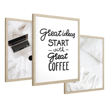 Zestaw obrazy w ramie 40x50 galeria - Kawa, praca, laptop, typografia - rama drewno