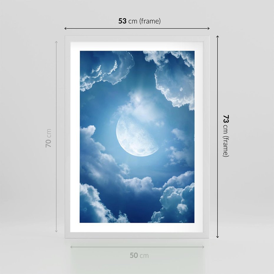 Plakat w ramie 50x70 - Księżycowe Chmury - księżyc, chmury - rama biała