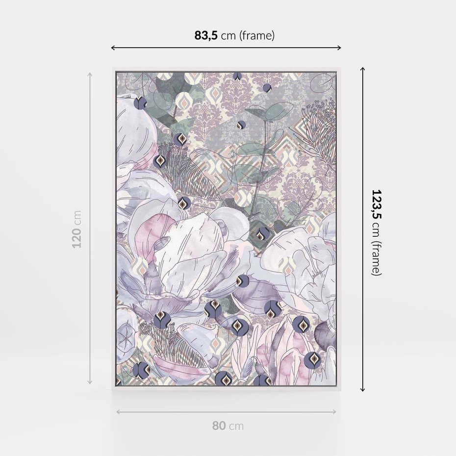Obraz w ramie 80x120 - Malowane oddechy istnienia - pomieszane tekstury, kwiatowe elementy - rama biała