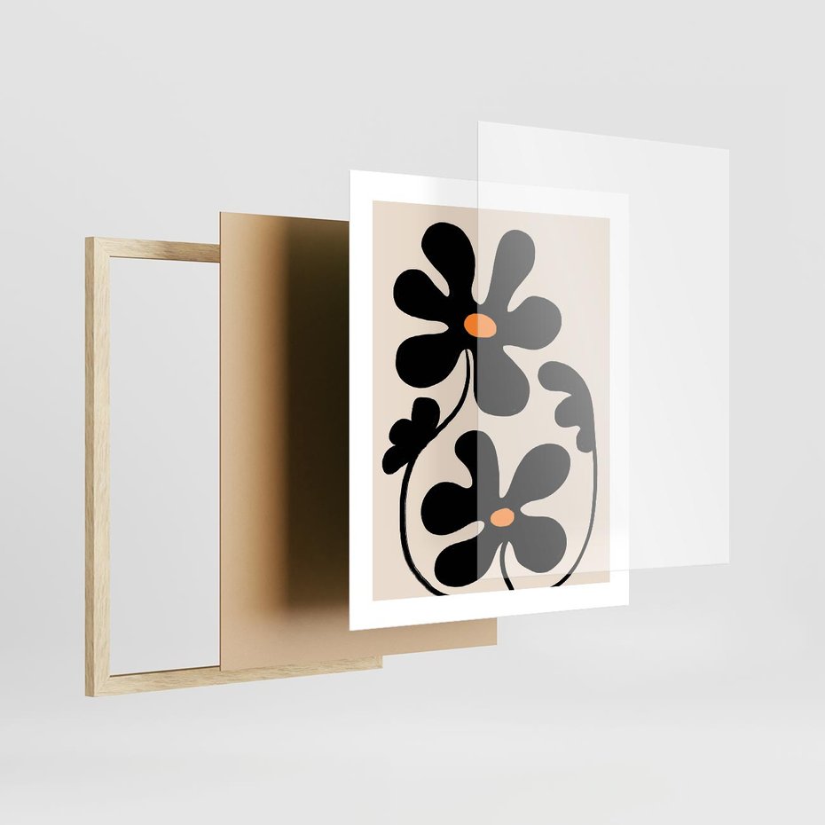 Plakat w ramie 40x50 - Wyjątkowość Boho - minimalistyczny abstrakcyjny obraz, prymitywne kwiaty - rama drewno