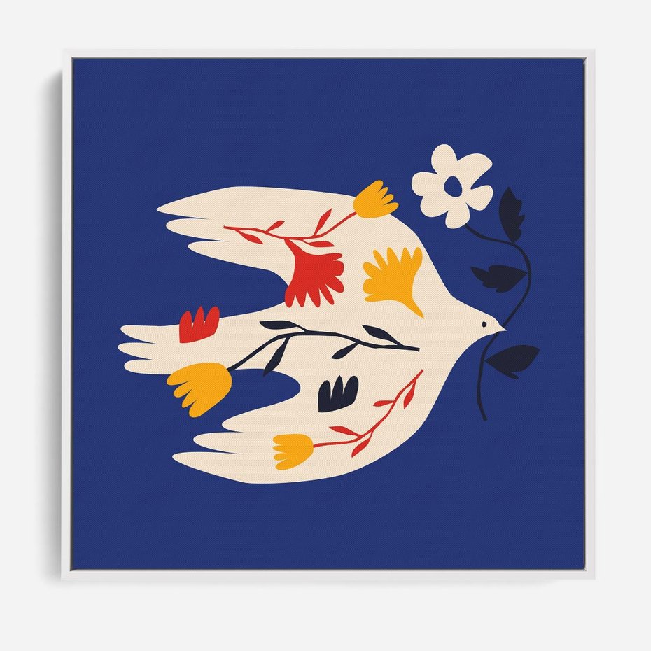 Obraz w ramie 50x50 - Bezgraniczne Widoki - niebieskie tło, abstrakcyjny biały ptak - rama biała