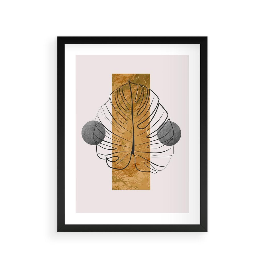 Plakat w ramie 30x40 - Minimalistyczna Monstera: Złoty Prostokąt - liść  monstery, minimalizm - rama czarna