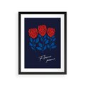 Plakat w ramie 30x40 - Podróżne Barwy - czerwone abstrakcyjne kwiaty, granatowe tło - rama czarna