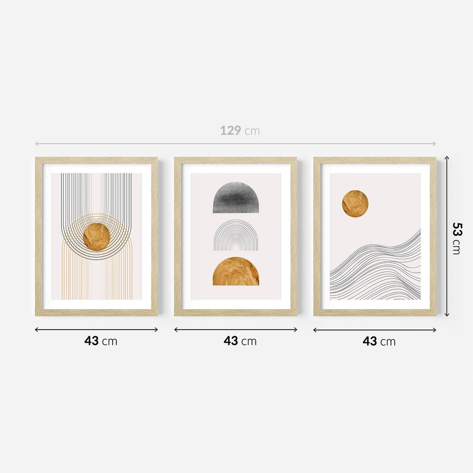 Zestaw obrazy w ramie 40x50 galeria - Minimalizm, japońskie, kształty, złoto - rama drewno