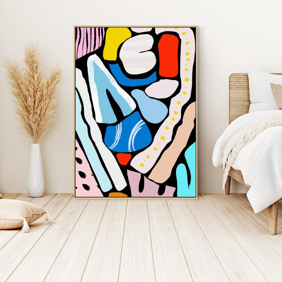 Obraz w ramie 80x120 - Kolory Na Czerni - abstrakcyjne formy, komiksowy styl - rama drewno